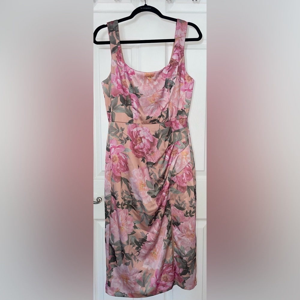 Premier Amour Pink Floral Midi Dress with Green Leaves NWT size 8